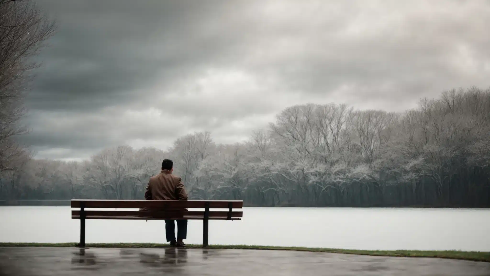 a person sitting on a park bench under cloudy skies, looking thoughtfully into the distance.