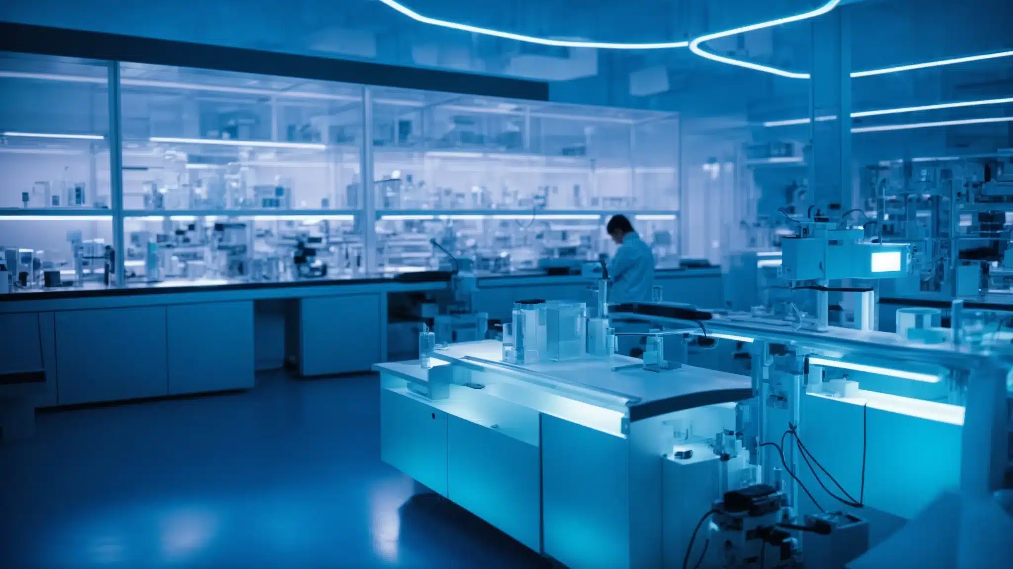 a futuristic laboratory with cutting-edge technologies illuminated under soft, blue light, where researchers intently study skin samples under advanced microscopes.