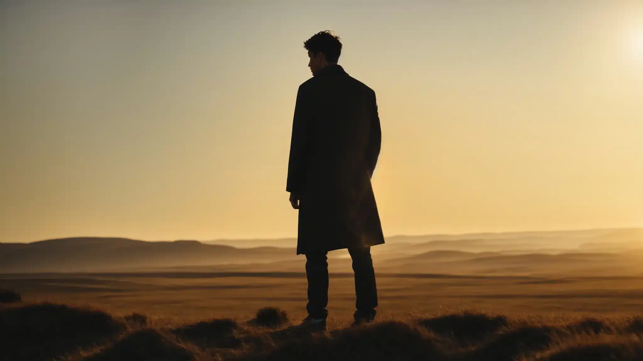 a silhouette of a person standing in the sunlight with a vast open landscape around them.
