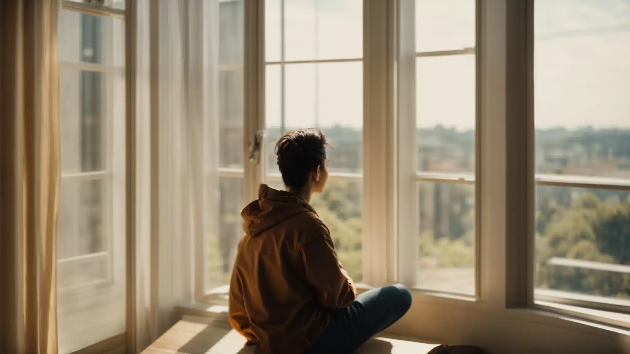 a person sitting inside by a window on a sunny day, looking out.