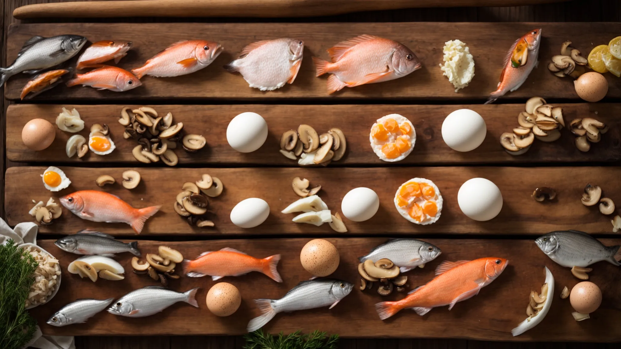 a variety of fatty fish, eggs, and mushrooms arranged neatly on a wooden table bathed in sunlight.