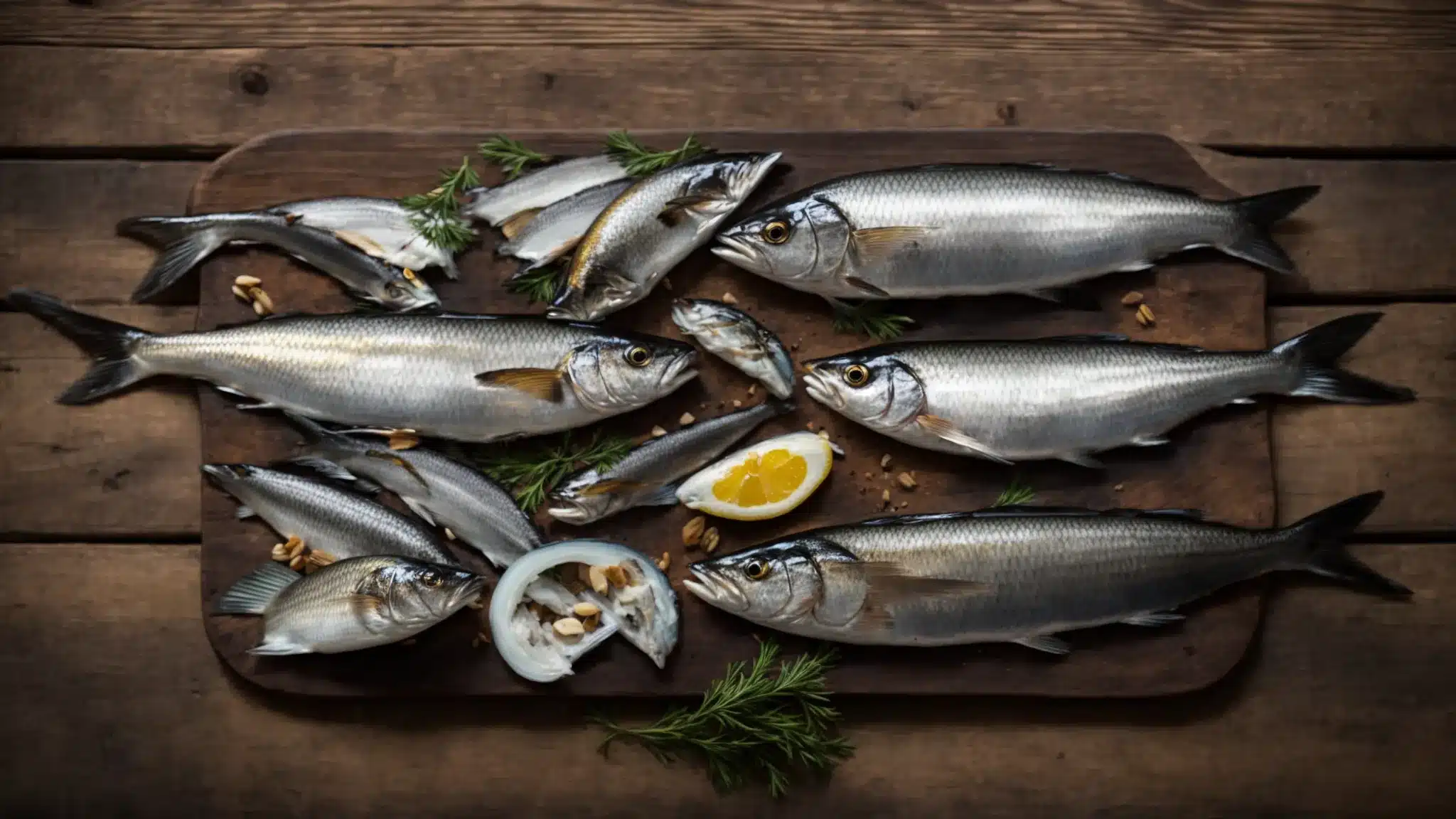 a selection of herring and sardines perfectly arranged on a rustic wooden table.