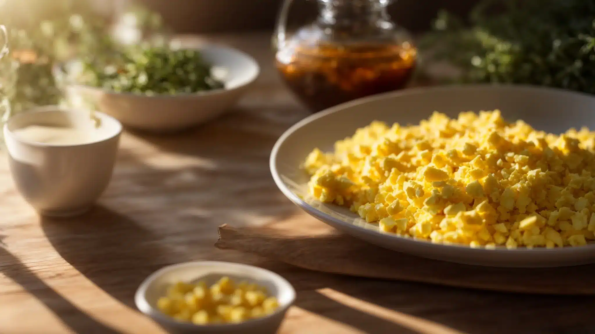 a plate of scrambled eggs glowing in the morning sunlight on a wooden table, hinting at the promise of vitamin d.