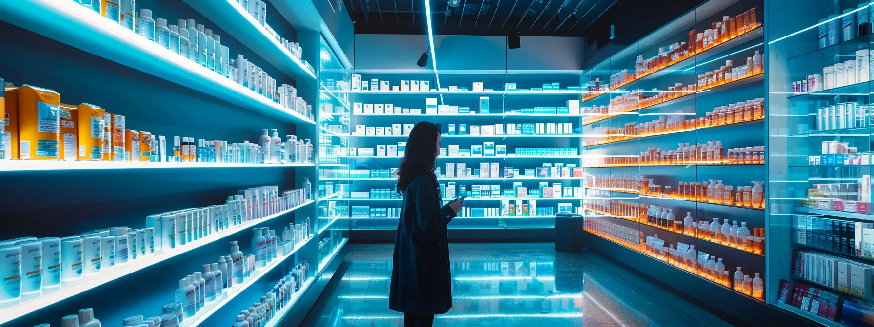 a sleek, modern pharmacy interior showcases an organized display of various anxiety medication bottles on vibrant shelves, with a professional pharmacist attentively reviewing their offerings under bright, clinical lighting.