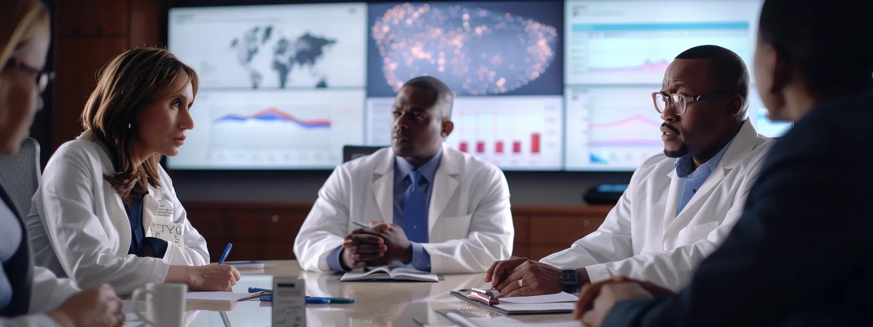 a candid, realistic office scene where a diverse group of professionals engages in a lively discussion around a conference table, emphasizing the importance of balanced blood sugar in preventing adrenal fatigue, with health charts and vibrant graphics displayed on a digital screen in the background.