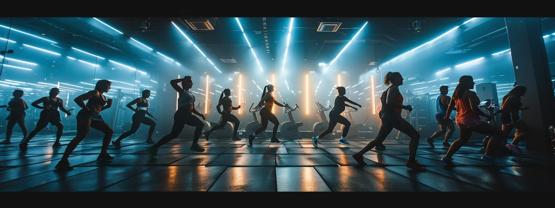 a vibrant urban fitness class takes place in a sleek, modern gym, with diverse individuals enthusiastically participating together, showcasing the powerful sense of community and support in their shared journey toward wellness.