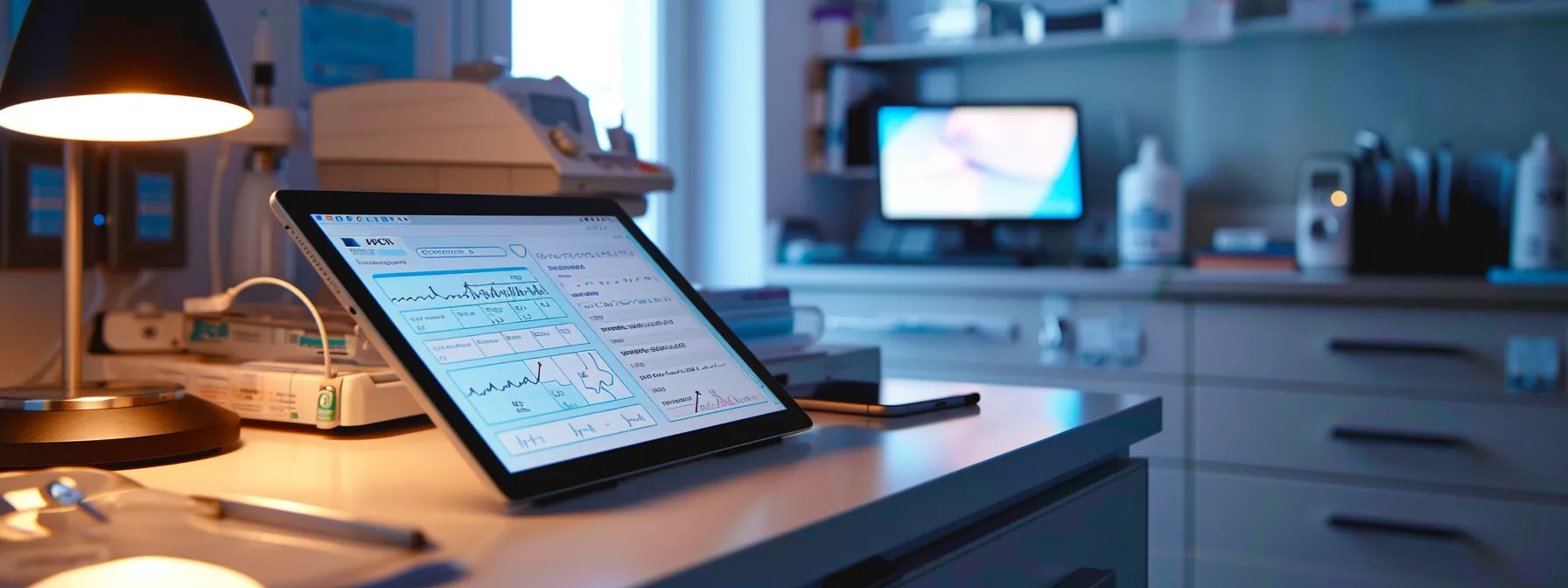 a close-up of a sleek, modern doctor's office with a digital tablet displaying a comprehensive chart of metformin side effects, illuminated by soft, ambient lighting that highlights the professionalism and clinical focus of diabetes management.