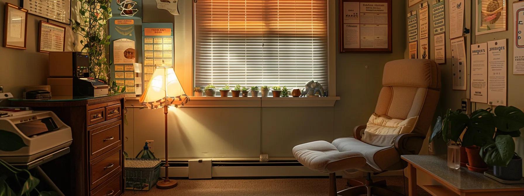 a cozy, well-lit wellness consultation room, featuring a comfortable chair and holistic health charts on the walls, sets an inviting atmosphere for discussing holistic methods to diagnose adrenal fatigue.