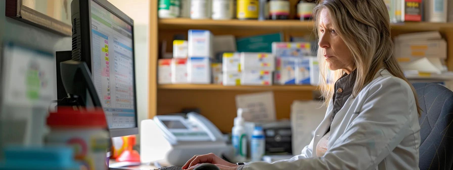 a candid office scene depicts a concerned professional examining a medical report on vitamin d deficiency, with a bright computer screen illuminating their focused expression amidst a backdrop of clinical charts and health pamphlets.
