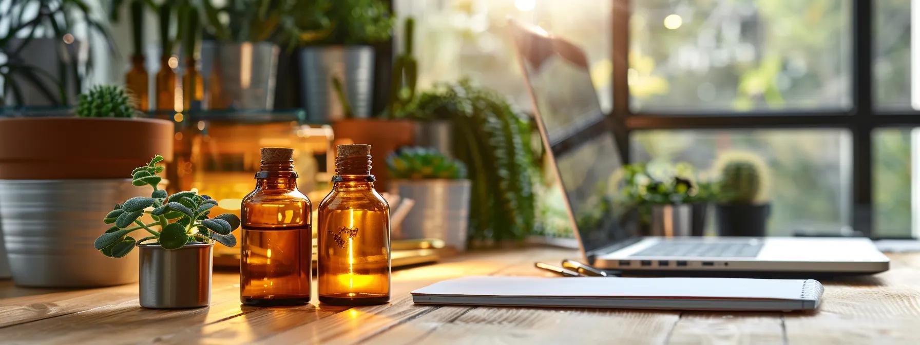 a sleek, modern office workspace features an elegant arrangement of herbal remedy bottles alongside a well-organized notebook and a laptop, symbolizing the connection between natural health solutions and professional well-being.