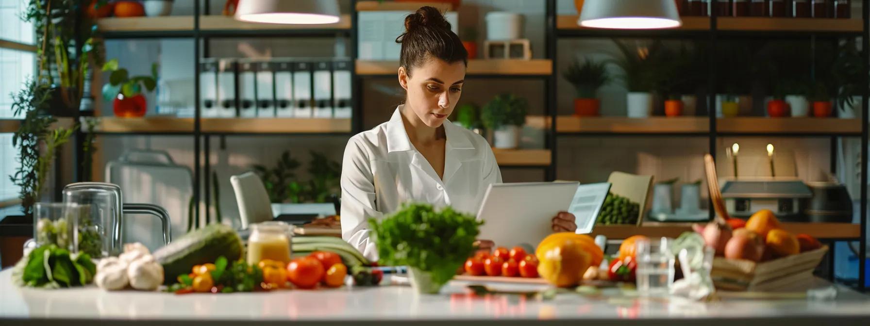 a sleek, modern office setting features a thoughtful professional examining a vibrant array of nutritious foods on an immaculate desk, symbolizing the profound connection between diet and stress management.