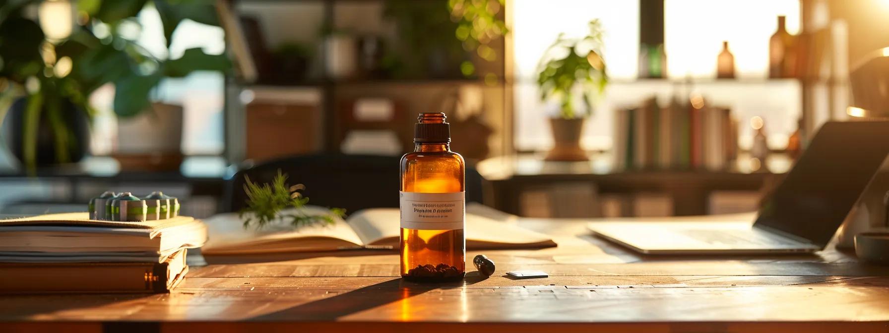 a sleek, modern office workspace features a stylish bottle of nettle supplements prominently displayed on a polished desk, surrounded by open health journals and motivational fitness materials, illuminating the theme of natural testosterone enhancement in a vibrant, focused atmosphere.