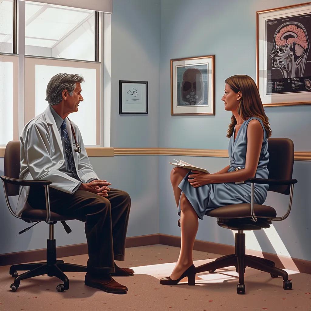 a candid, realistic office setting captures a focused conversation between a doctor and a patient, highlighting the seriousness of thyroid surgery risks through their expressive body language and attentive demeanor amidst medical charts and a reassuring ambiance.