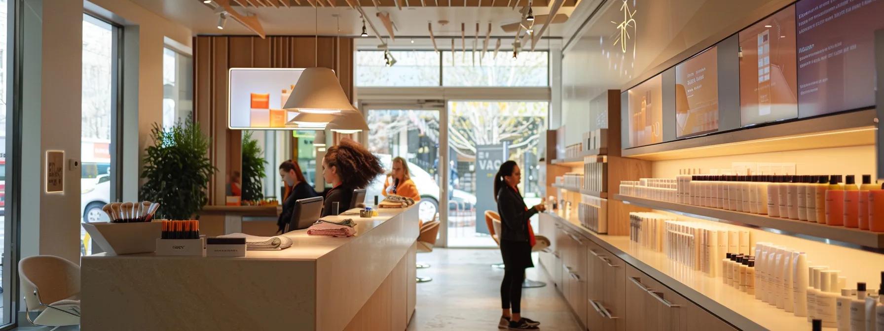 a sleek, modern hair care salon with vibrant wall displays of vitamin d-rich products, capturing a realistic candid moment of a stylist demonstrating a hair treatment to an engaged client, illuminated by soft, focused overhead lighting.