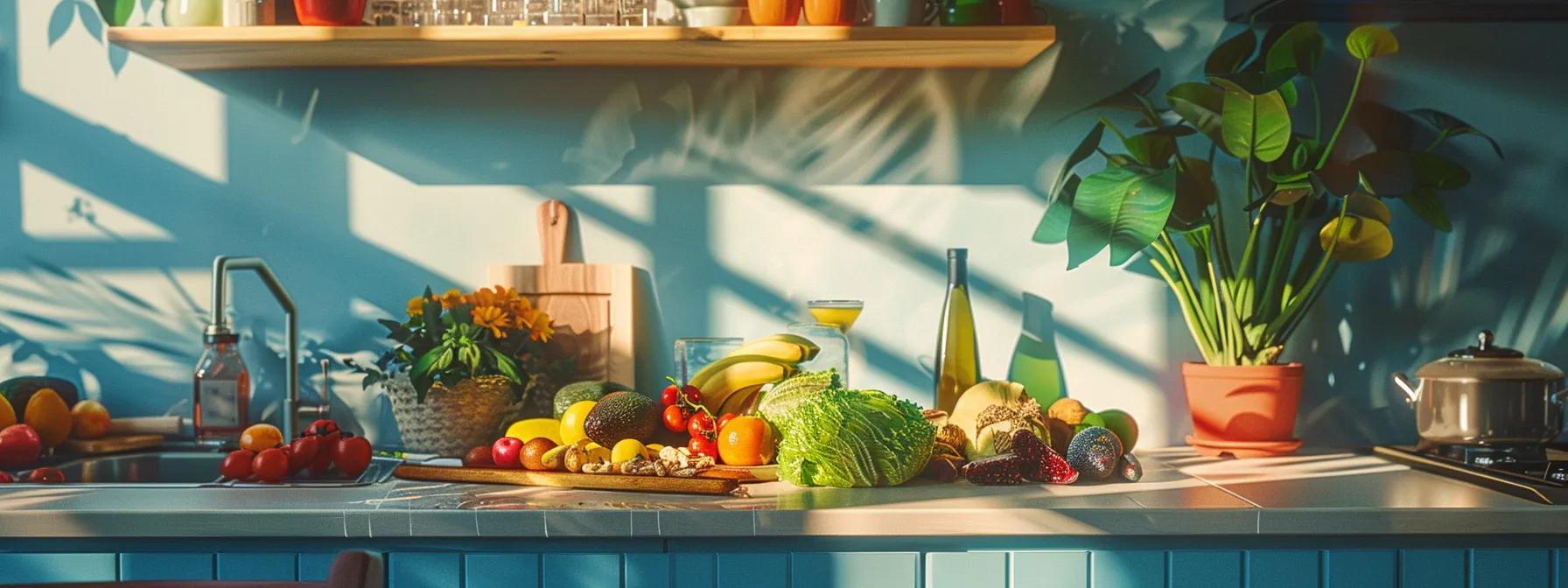 a vibrant and inviting kitchen scene showcases an array of colorful, nutrient-rich foods—such as avocados, nuts, and leafy greens—artfully arranged on a polished countertop, symbolizing nourishment and revitalization for adrenal health.