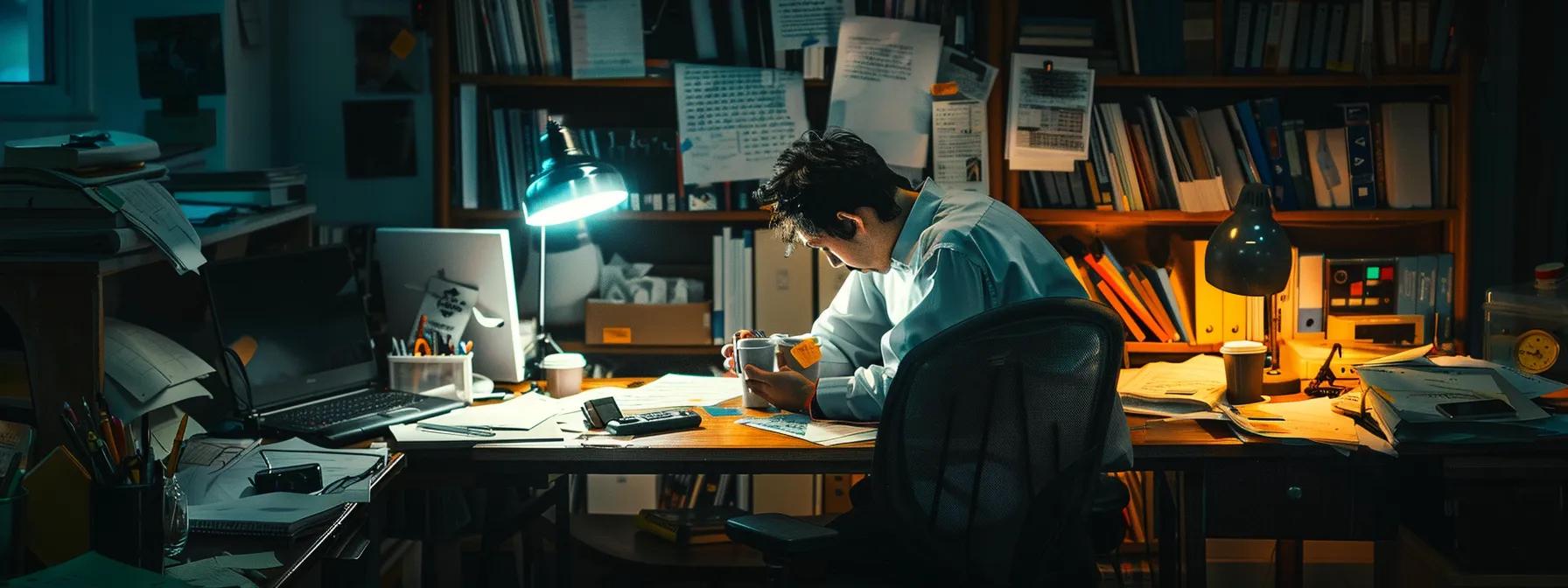 a dimly lit office space features a weary individual slumped over a cluttered desk, surrounded by scattered papers and empty coffee cups, visually embodying the exhaustion and persistent discomfort associated with adrenal fatigue.