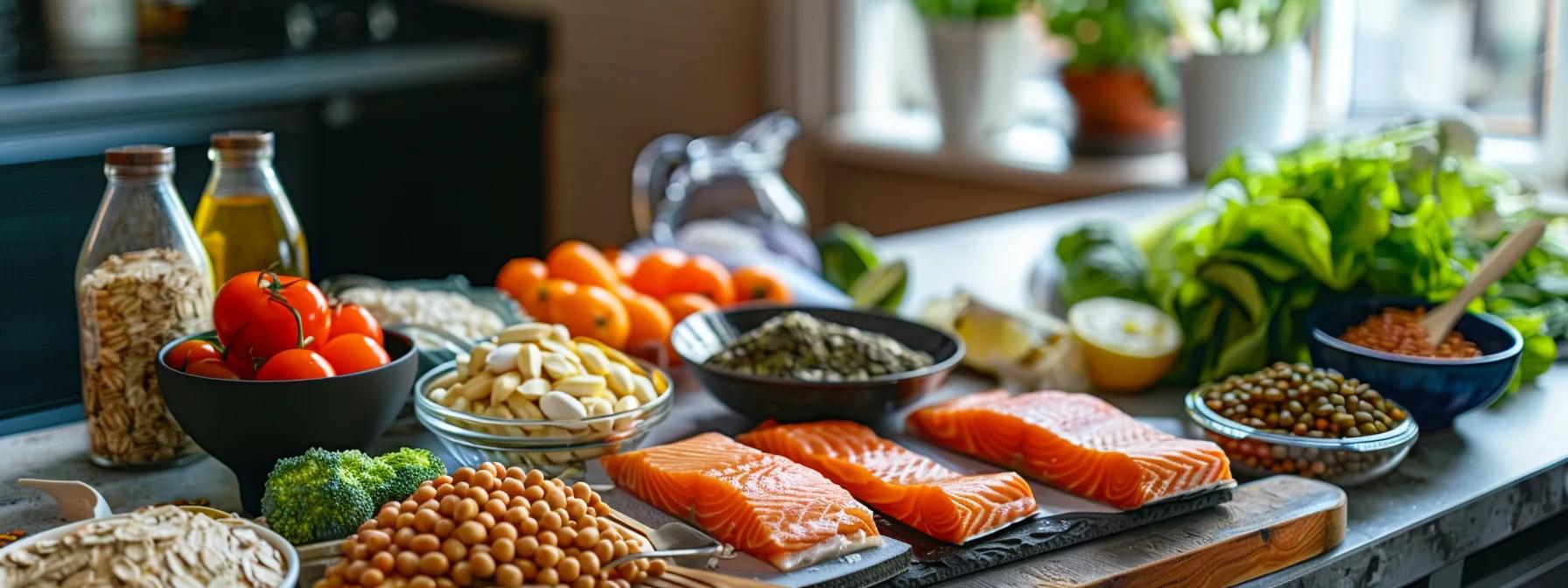 a sleek, modern kitchen showcases a vibrant spread of various vitamin d-rich foods like salmon and fortified cereals, arranged artistically on a polished countertop, illuminated by soft, warm lighting that emphasizes their freshness and health benefits.