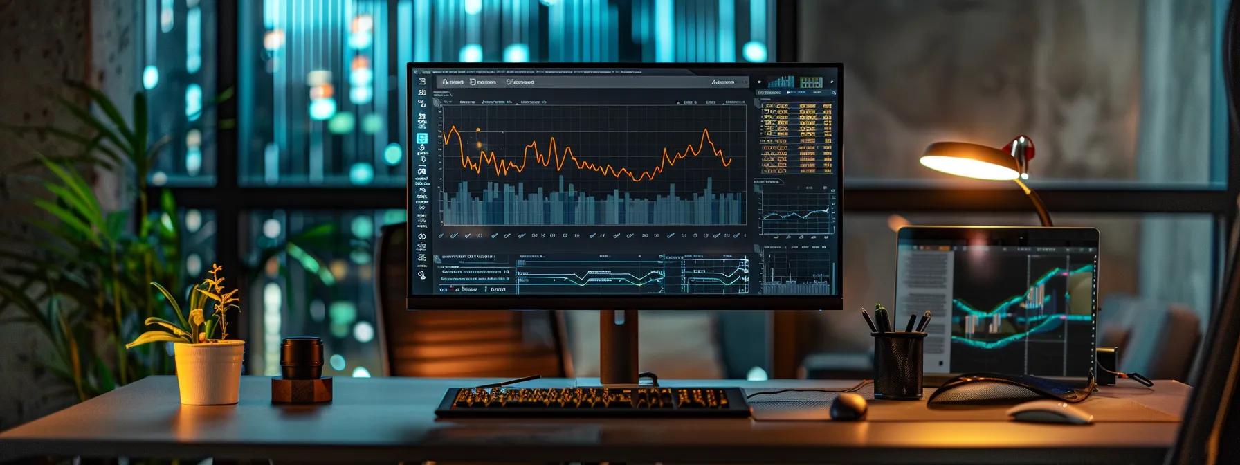 a sleek, modern office desk displays an open research document on nettle dosage, accompanied by a high-tech digital monitor showcasing graphs illustrating optimal testosterone levels, all illuminated by sharp artificial lighting.