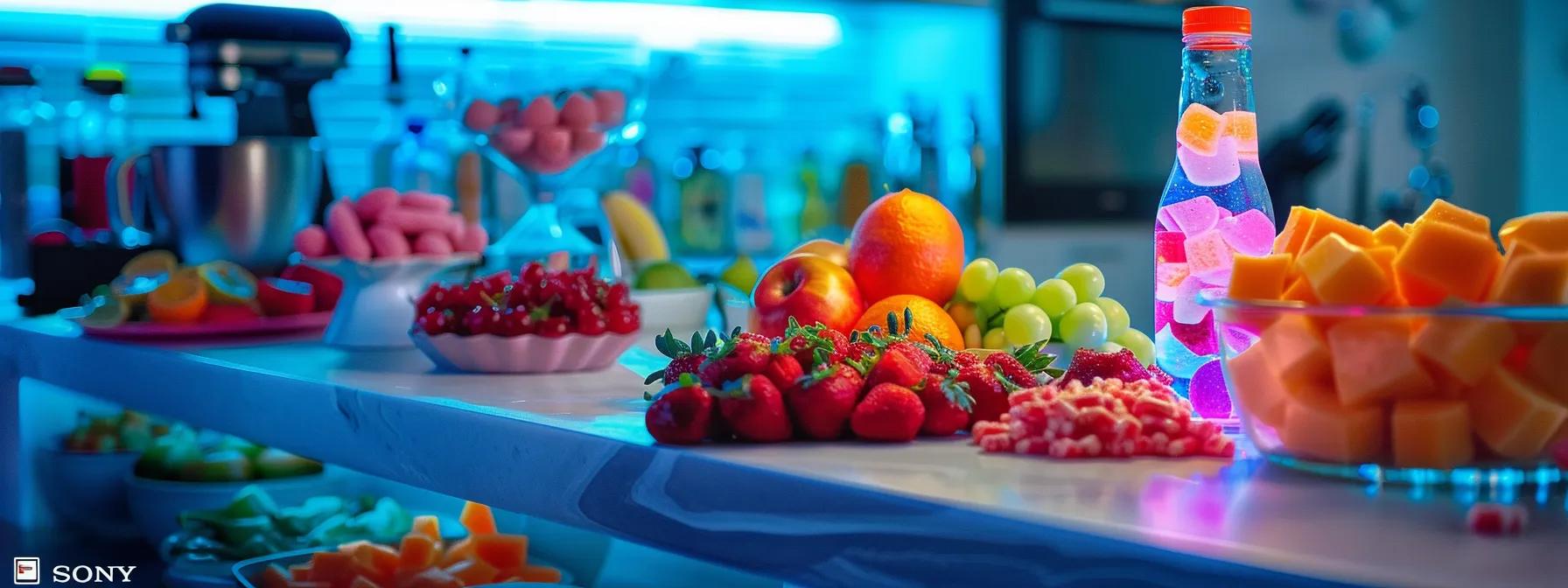 a sleek, modern kitchen countertop is laden with vibrant, colorful foods known to trigger insulin resistance, including sugary snacks and processed items, under bright, clinical lighting that emphasizes their unhealthy appeal.