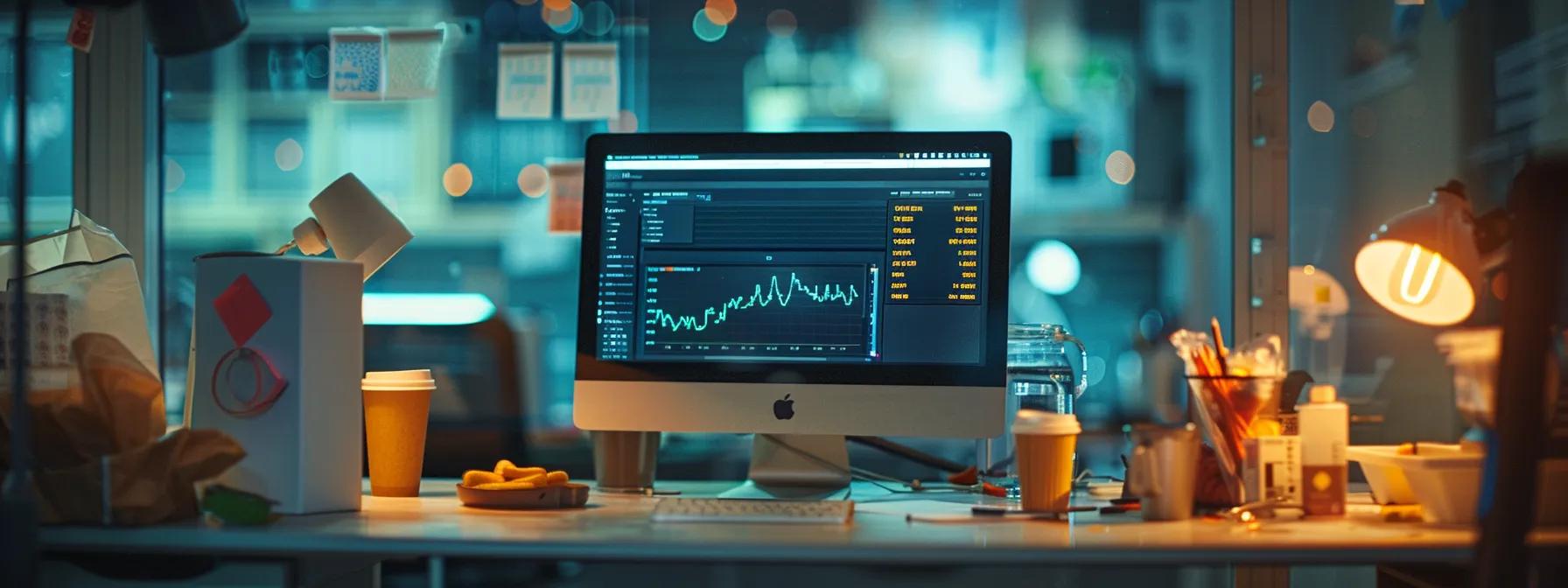 a stark office environment features a glowing computer screen displaying health data, surrounded by cluttered coffee cups and fast food wrappers, vividly illustrating the impact of a sedentary lifestyle on insulin resistance.